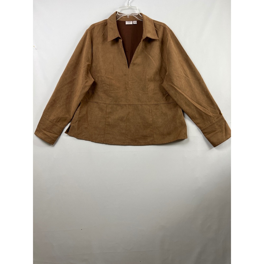 Cato Faux Suede Top Women 18/20W Brown V-Neck Western Long Sleeve